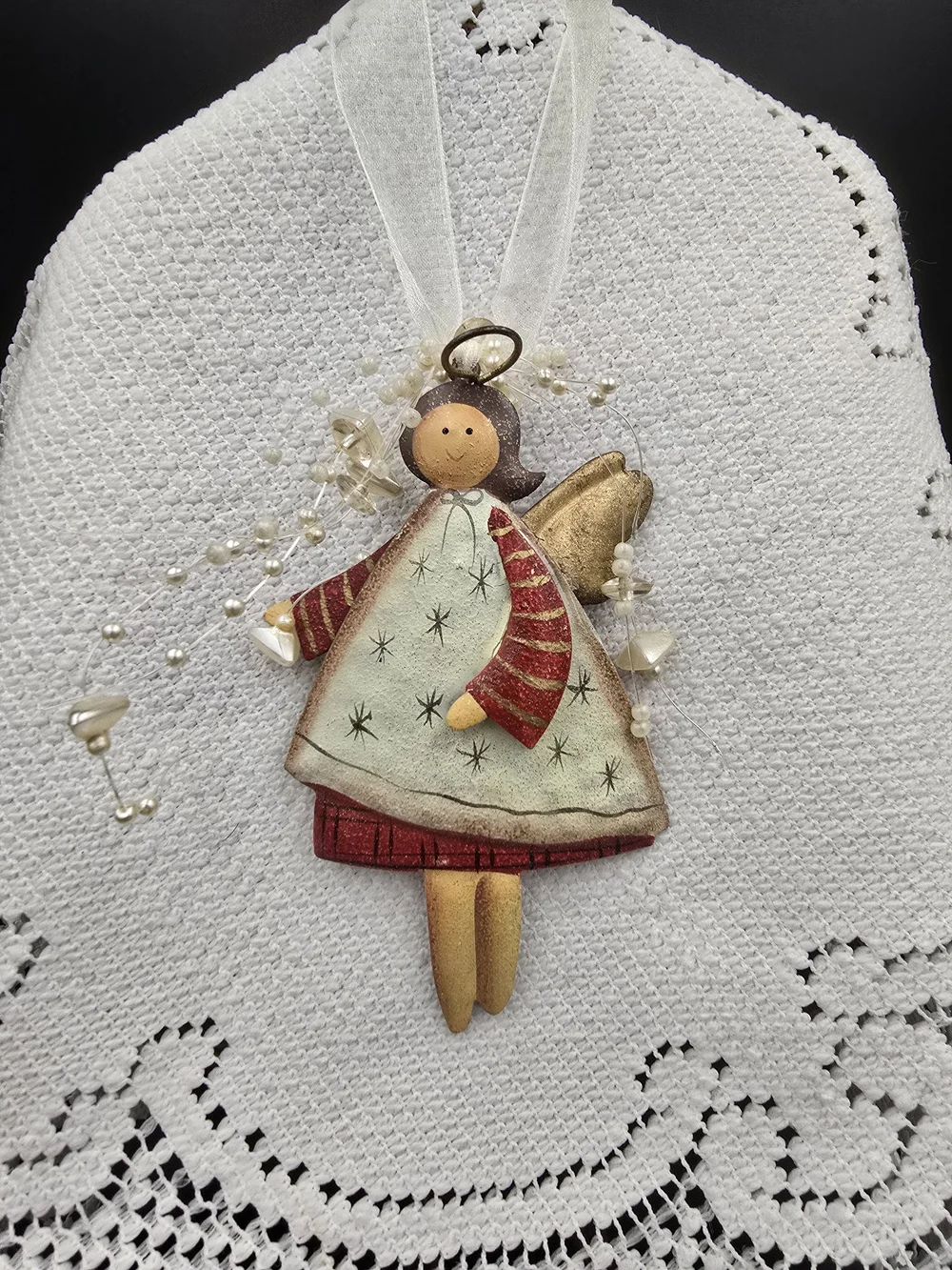 Handcrafted Angel Ornament in Cream, Red & Gold – Holiday Tree Decor